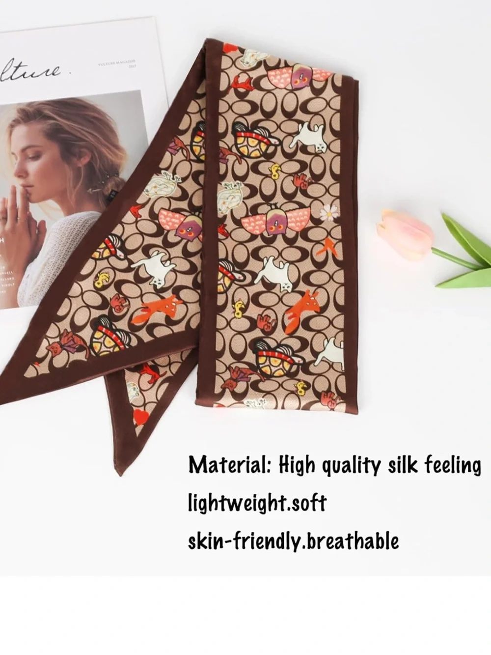 Designer kitty motif Brown Signature Silk Twilly Scarf nwt